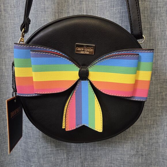 DIOPHY Round Crossbody Bag Black w/ Rainbow Stripe Bow Vegan Leather 9" - Picture 4 of 11
